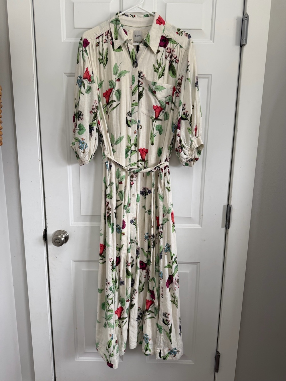 Floral Button-Front Cream Maxi Dress with Belt- linen dress from Anthropologie - Picture 2 of 7